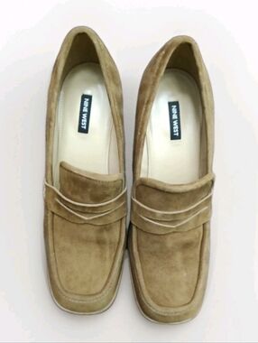 Nine West Avalia Suede Penny Loafers Chunky Wooden Stack Heel Square Toe Sz. 11